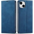 thumbnail image 1 of Premium PU Leather Flip Folio Case for iPhone 14 Plus, Magnetic Closure Protective Case Kickstand Card Cash Slot Shockproof Durable Wallet Cover Soft TPU Inner Phone Case - Blue, 1 of 14