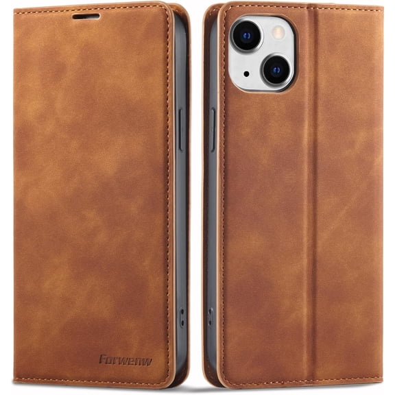 Premium PU Leather Flip Folio Case for iPhone 15 Plus, Magnetic Closure Protective Case Kickstand Function Card Cash Slots Shockproof Durable Wallet Cover Soft TPU Inner Phone Case - Brown