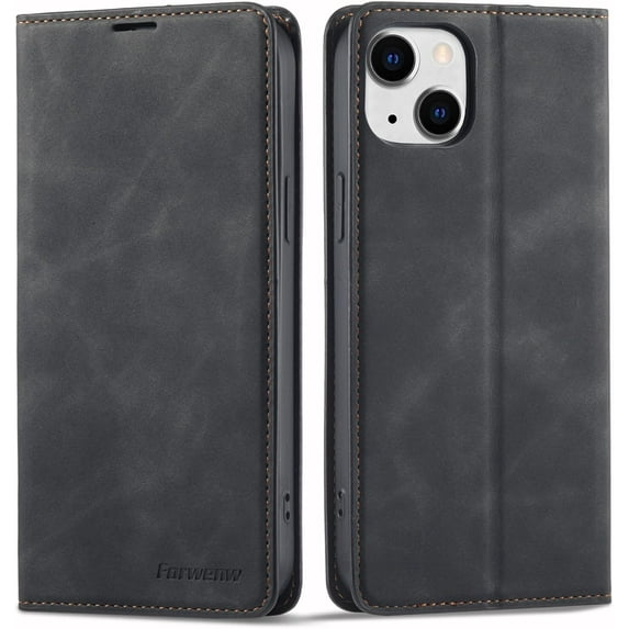 Premium PU Leather Flip Folio Case for iPhone 15 Plus, Magnetic Closure Protective Case Kickstand Function Card Cash Slots Shockproof Durable Wallet Cover Soft TPU Inner Phone Case - Black