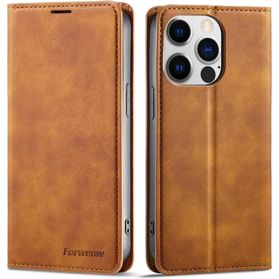 Premium PU Leather Flip Folio Case for iPhone 15 Pro Max, Magnetic Closure Protective Case Kickstand Function Card Cash Slots Shockproof Durable Wallet Cover Soft TPU Inner Phone Case - Brown