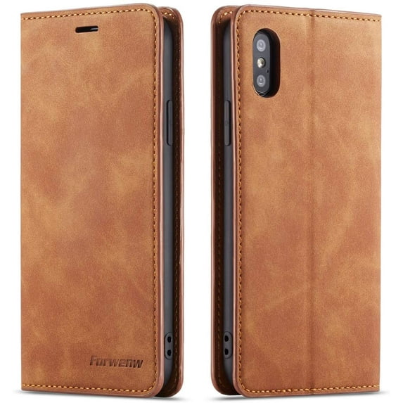 Premium PU Leather Flip Folio Case for iPhone XR, Protective Case with Kickstand Card Slot Holder Hidden Magnetic Closure Shockproof Wallet Cover for iPhone XR - Brown