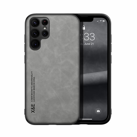 Premium PU Leather + TPU Back Case for Samsung Galaxy S22 Ultra, Luxury Thin Fit Shockproof Drop Protective Skin Friendly Support Magnetic Car Mount Case Cover for Samsung Galaxy S22 Ultra, Lightgray