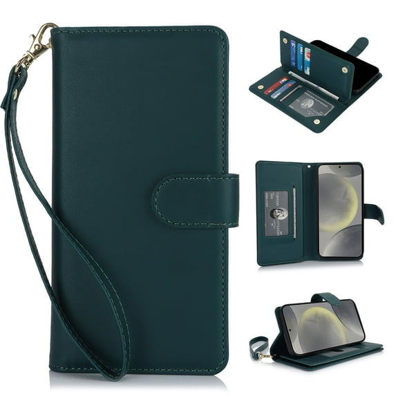 Premium PU Leather Wallet Case for Samsung Galaxy A15, Classic with Card Slots Magnetic Closure RFID Protection Wrist Strap Kickstand Shockproof Flip Case Cover for A15, Green