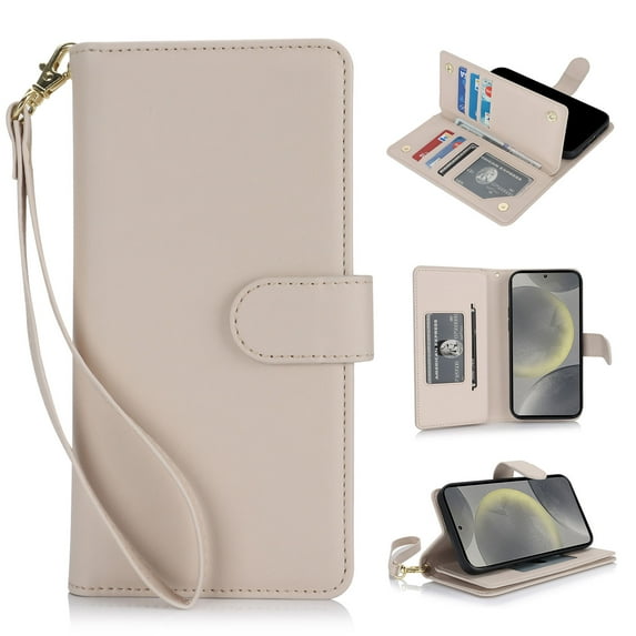 Premium PU Leather Wallet Case for Samsung Galaxy A35, Classic with Card Slots Magnetic Closure RFID Protection Wrist Strap Kickstand Shockproof Flip Case Cover for A35, Apricot