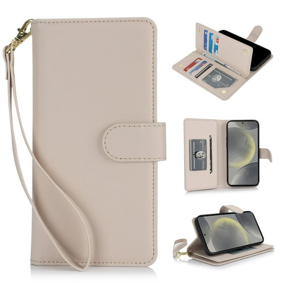 Premium PU Leather Wallet Case for Samsung Galaxy S21 FE, Classic with Card Slots Magnetic Closure RFID Protection Wrist Strap Kickstand Shockproof Flip Case Cover for Samsung S21 FE, Apricot