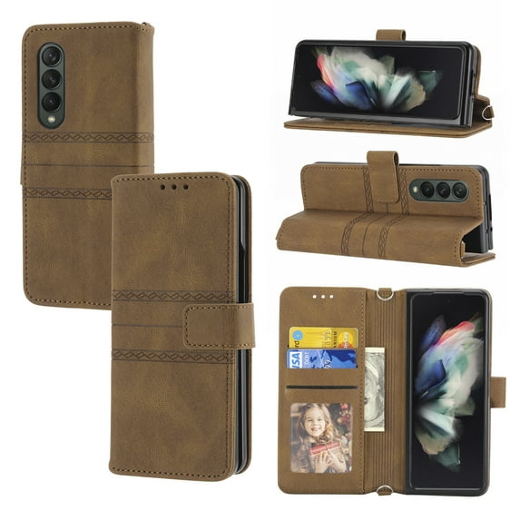 Premium PU Leather Wallet Case for Samsung Galaxy Z Fold3, Crossbody Shoulder Strap Card Slots Holder Flip Folio Cover with Kickstand Magnetic Clasp Wrist Strap Handbag Shockproof Case,Brown