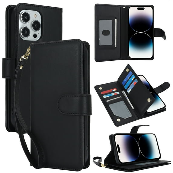 Premium PU Leather Wallet Case for iPhone 14 Plus, Classic with Card Slots Magnetic Closure RFID Protection Wrist Strap Kickstand Shockproof Flip Case Cover for iPhone 14 Plus, Black