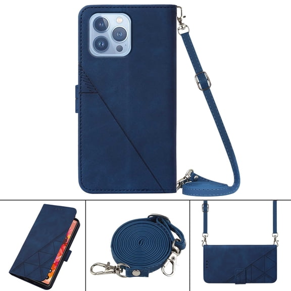 Premium PU Leather Wallet Case for iPhone 14 Pro Max with Magnetic Clasp Card Slots Shoulder Strap Kickstand Flip Phone Case, Soft Silicone Shockproof Folio Cover for iPhone 14 Pro Max,Blue