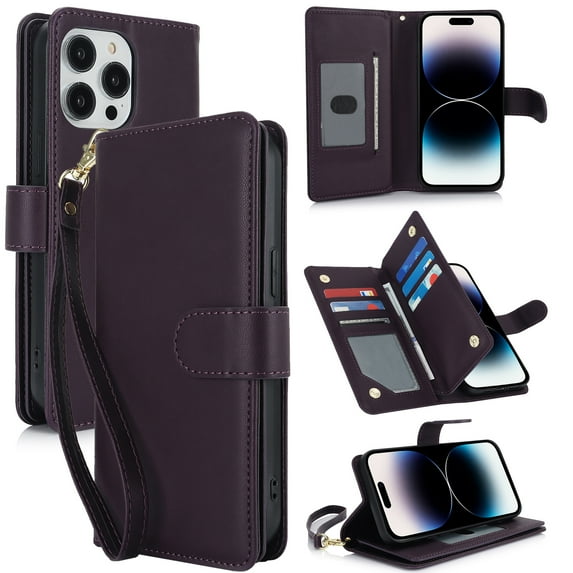 Premium PU Leather Wallet Case for iPhone 15 Plus, Classic with Card Slots Magnetic Closure RFID Protection Wrist Strap Kickstand Shockproof Flip Case Cover for iPhone 15 Plus, Darkpurple