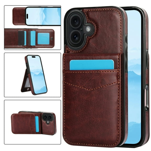 Premium PU Leather Wallet Case For iPhone 16, Multi-Functional Back Flip Stand Cover with ID Card Holder Window Viewing, Slim Fit Shockproof Rugged Protective Skin, Brown