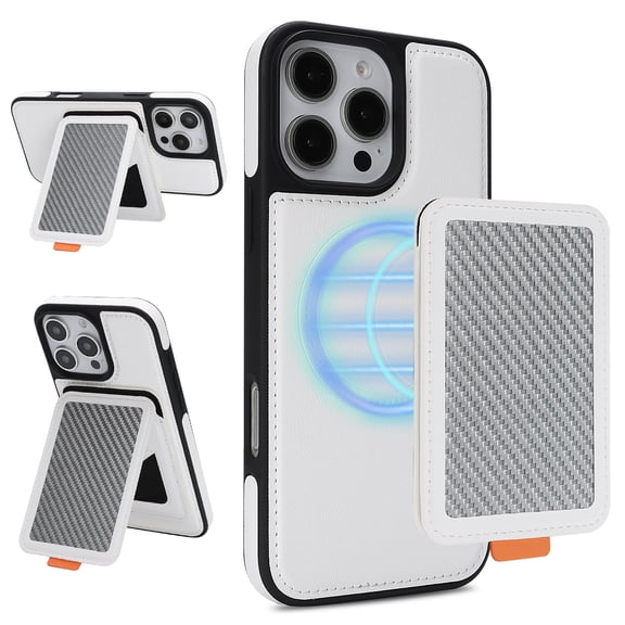 Premium PU Leather Wallet Case for iPhone 16 Pro, Detachable Magnetic Carbon Fiber RFID Blocking Card Holder, Adjustable Kickstand, 2-in-1 Protective Cover for iPhone 16 Pro, White