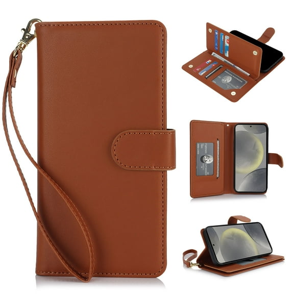 Premium PU Leather Wallet Case for iPhone 16e, Classic with Card Slots Magnetic Closure RFID Protection Wrist Strap Kickstand Shockproof Flip Case Cover for iPhone 16e, Brown