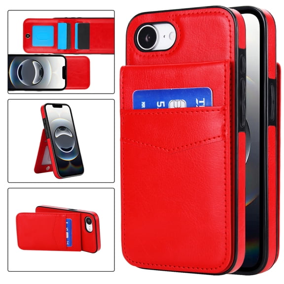 Premium PU Leather Wallet Case For iPhone 16e, Multi-Functional Back Flip Stand Cover with ID Card Holder Window Viewing, Slim Fit Shockproof Rugged Protective Skin, Red