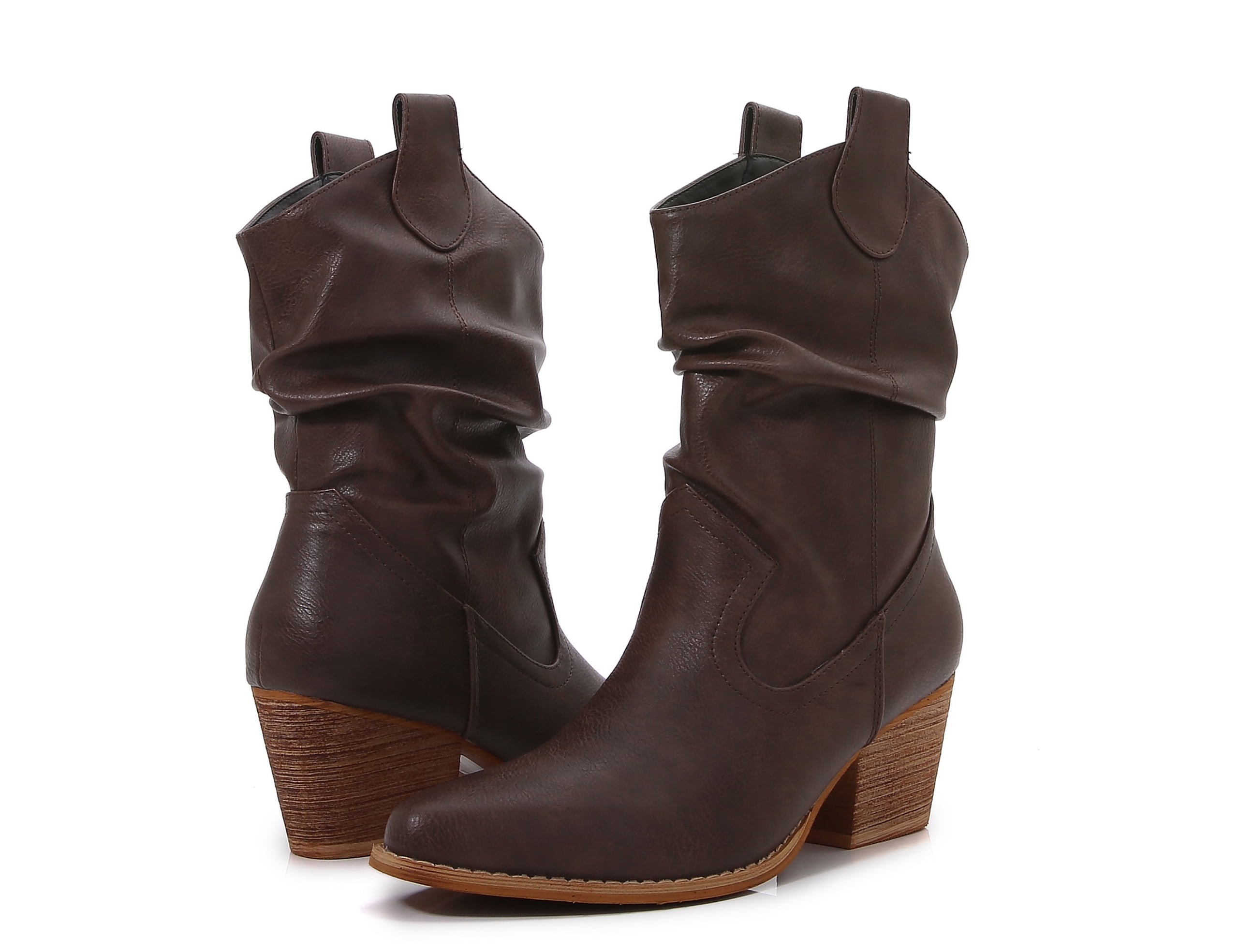 Premium PU Leather Wooden Heel Long Chelsea Boots (Brown, 7)