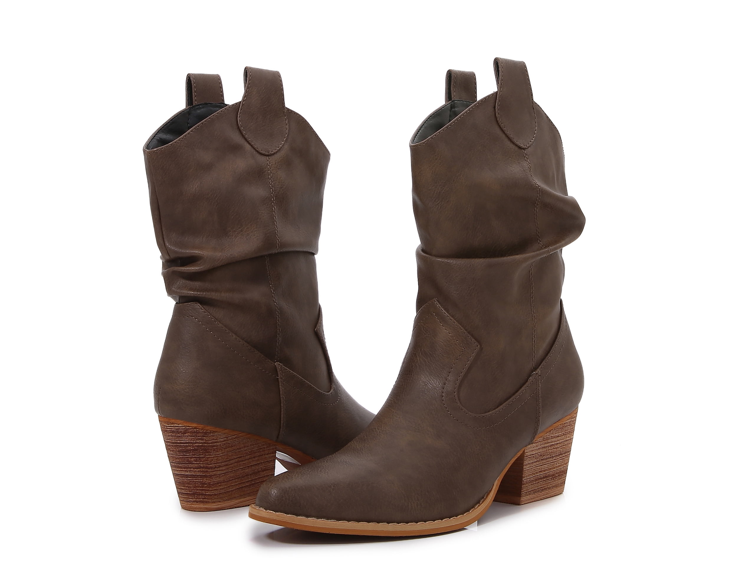 Premium PU Leather Wooden Heel Long Chelsea Boots (Khaki, 7)