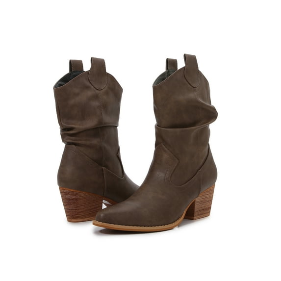 Premium PU Leather Wooden Heel Long Chelsea Boots (Khaki, 7)