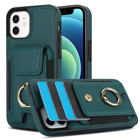 Premium PU Leather for iPhone 11 Card Slots Wallet Back Case, Classic with Ring Kickstand Magnetic Button Stylish Drop Protection Phone Case Cover for iPhone 11, Green