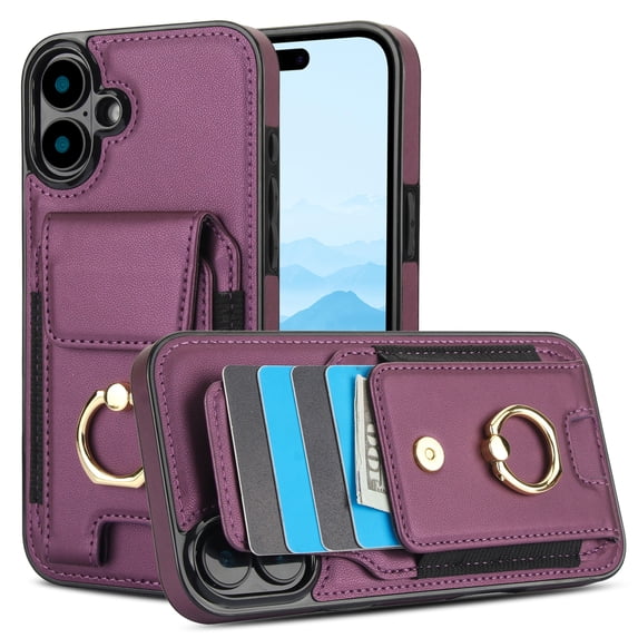 Premium PU Leather for iPhone 16 Card Slots Wallet Back Case, Classic with Ring Kickstand Magnetic Button Stylish Drop Protection Phone Case Cover for iPhone 16, Purple