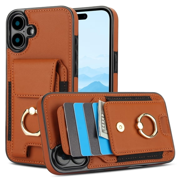 Premium PU Leather for iPhone 16 Card Slots Wallet Back Case, Classic with Ring Kickstand Magnetic Button Stylish Drop Protection Phone Case Cover for iPhone 16, Brown