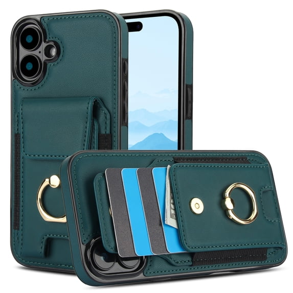 Premium PU Leather for iPhone 16 Card Slots Wallet Back Case, Classic with Ring Kickstand Magnetic Button Stylish Drop Protection Phone Case Cover for iPhone 16, Green