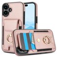 thumbnail image 1 of Premium PU Leather for iPhone 16 Card Slots Wallet Back Case, Classic with Ring Kickstand Magnetic Button Stylish Drop Protection Phone Case Cover for iPhone 16, Rosegold, 1 of 9
