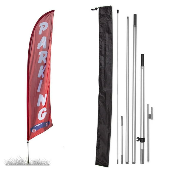 Premium Parking Feather Flag Kit - Includes 13ft Sectional Aviation Grade Fiberglass Poles, Parking Flag, Ground Spike and Pole Sleeve Bag