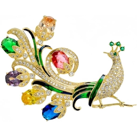 Premium Peacock Brooch with Multi-Color Crystals & Enamel, Gold-Tone Luxury Pin for Formal Events, Refined Gift for Women.
