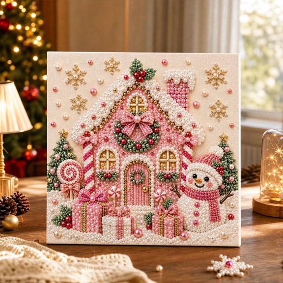 Premium Pearl Christmas Wall Art Kit, DIY Christmas Pearl Diamond Painting Art Kit, Complete Tools Included, Xmas DIY Winter Home Wall Decor, Beginner Seasonal Party Gift, Snowman Cottage