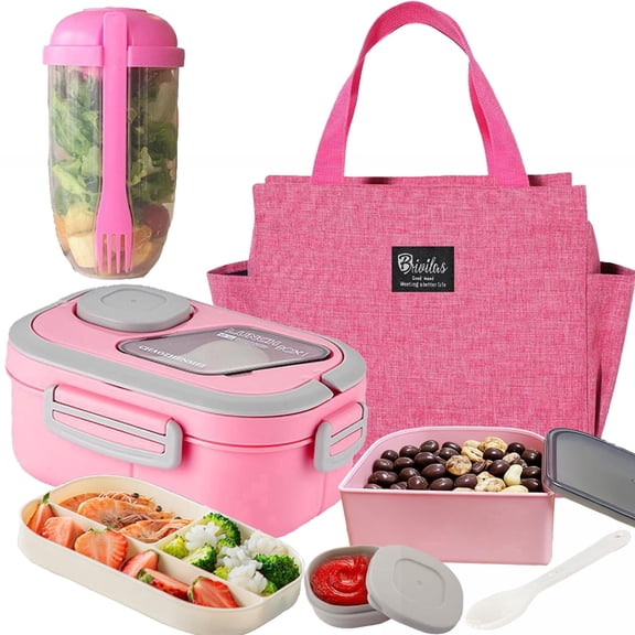 Premium Picks- 2 Layered Multi Grid Lunch Box Set. Bento Boxes with Cup And Lunch Bag for School, Office And Outdoor Picnics. |Food Storage Container | Kitchen Accessories |PINK SET