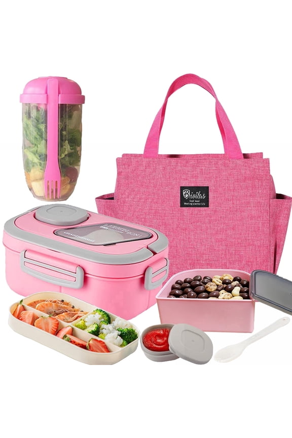 Premium Picks- 2 Layered Multi Grid Lunch Box Set. Bento Boxes with Cup And Lunch Bag for School, Office And Outdoor Picnics. |Food Storage Container | Kitchen Accessories |PINK SET