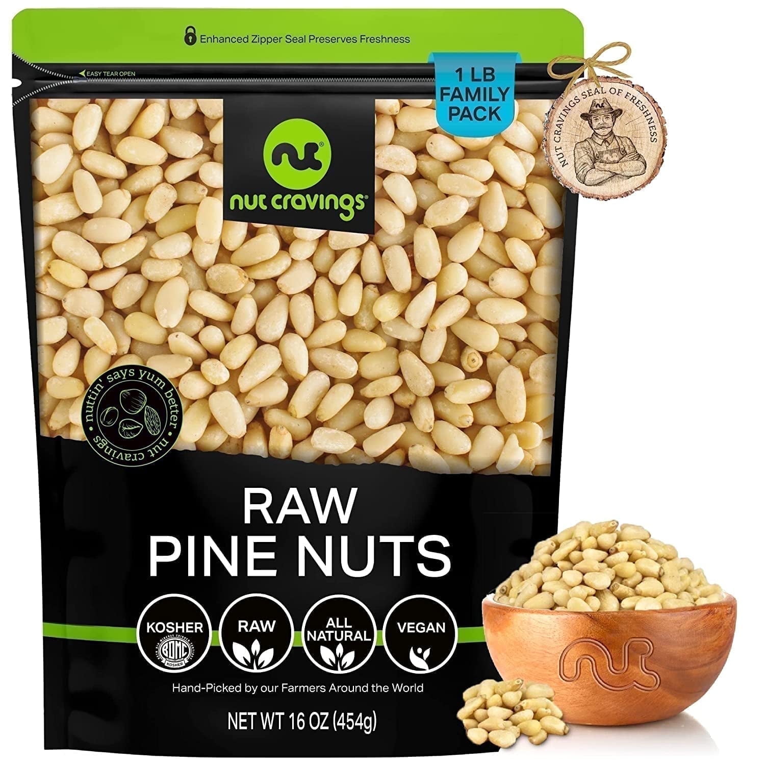 Nut Cravings Pine Nuts Raw, Kosher, Vegan, Non-GMO Pignolia Nuts, Resealable Bag (16oz - 1 lbs)