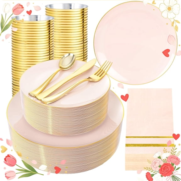 Premium Pink Plastic Plates Set Includes 350PCS for Dining and Event Well Decorated