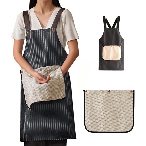 Premium Pinstripe Cross-Back Kitchen Apron, Unisex Apron with Removable Towel, For Kitchen, BBQ & Crafting