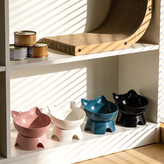 Premium Plastic Cat & Dog Bowl with Neck Support | 15° Slanted Anti-Choke Food Bowl, Non-Slip Weighted Base, Easy Clean Removable Design, Black/Blue/Pink, 12x12x11cm