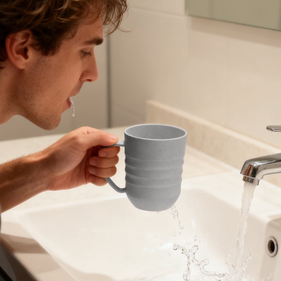 Premium Plastic Drinking Cup with Handle | Striped Textured Design | Beige, Gray, Pink | 10.5x9.5x7.5cm | Durable, Dishwasher Safe, Multi-Purpose Household Use