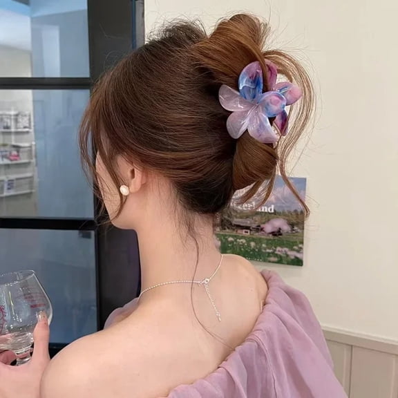 Premium Plumeria Flower Hair Claw Clip for Women, Marbled Hawaiian Floral Shark Clamp, Non-Slip Summer Beach Hair Accessories