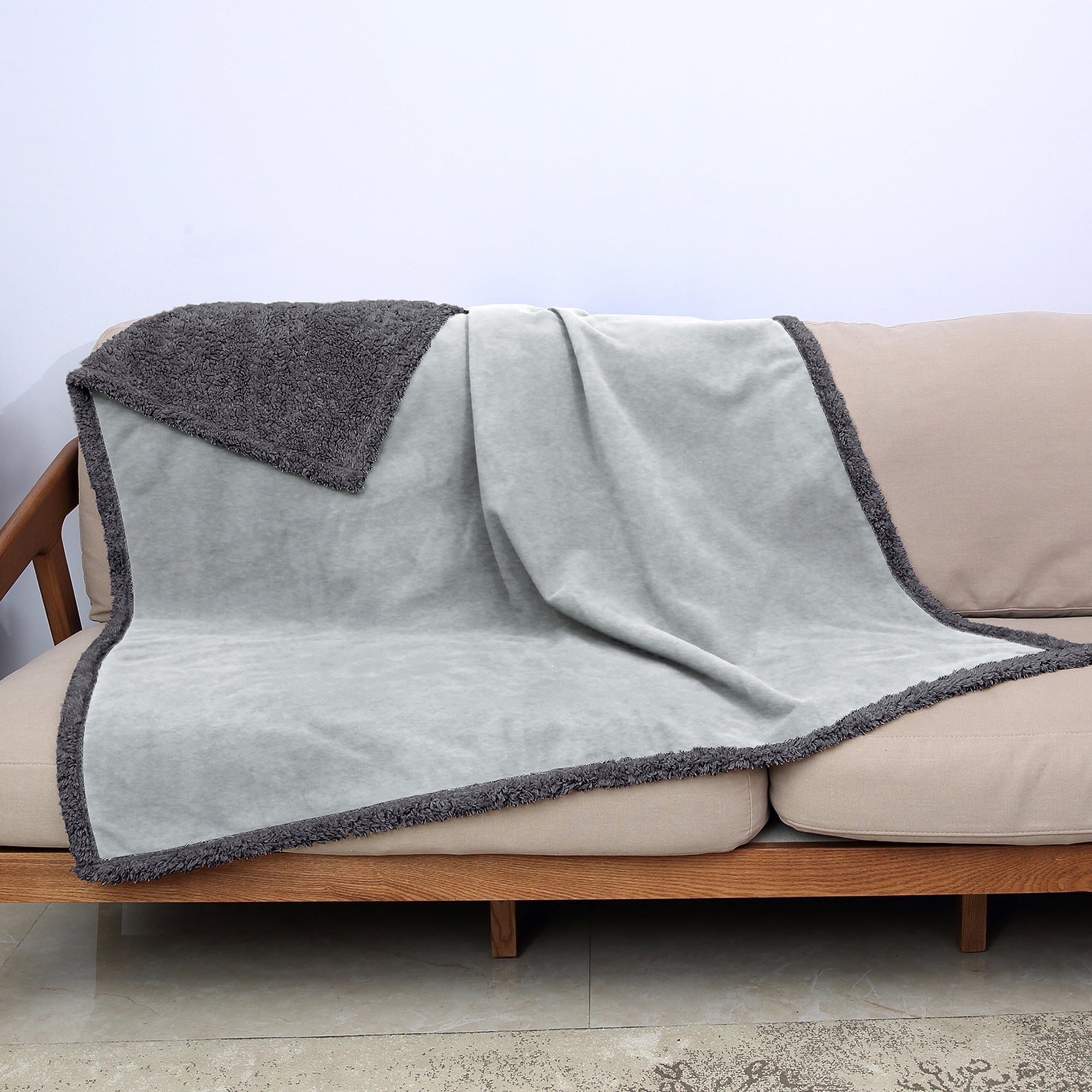 Light Gray and Dark Gray Reversible Fleece Sherpa Throw Blanket for Pets and Babies