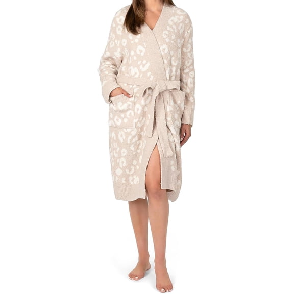 Premium Plush Robe for Women Soft Cozy Fuzzy Bathrobe with Pockets Warm Mid-Length Lounge Robe with Tie Belt Size Large X Large Color Beige Cheetah