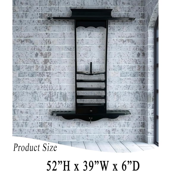 Premium Pool Cue Holder Wall Mount Holds 10 Sticks and Full Set Billiard Table Accessories. Billiards Pool Cue Rack Made of  Solid Wood with Cone Chalk Holder ( Black)