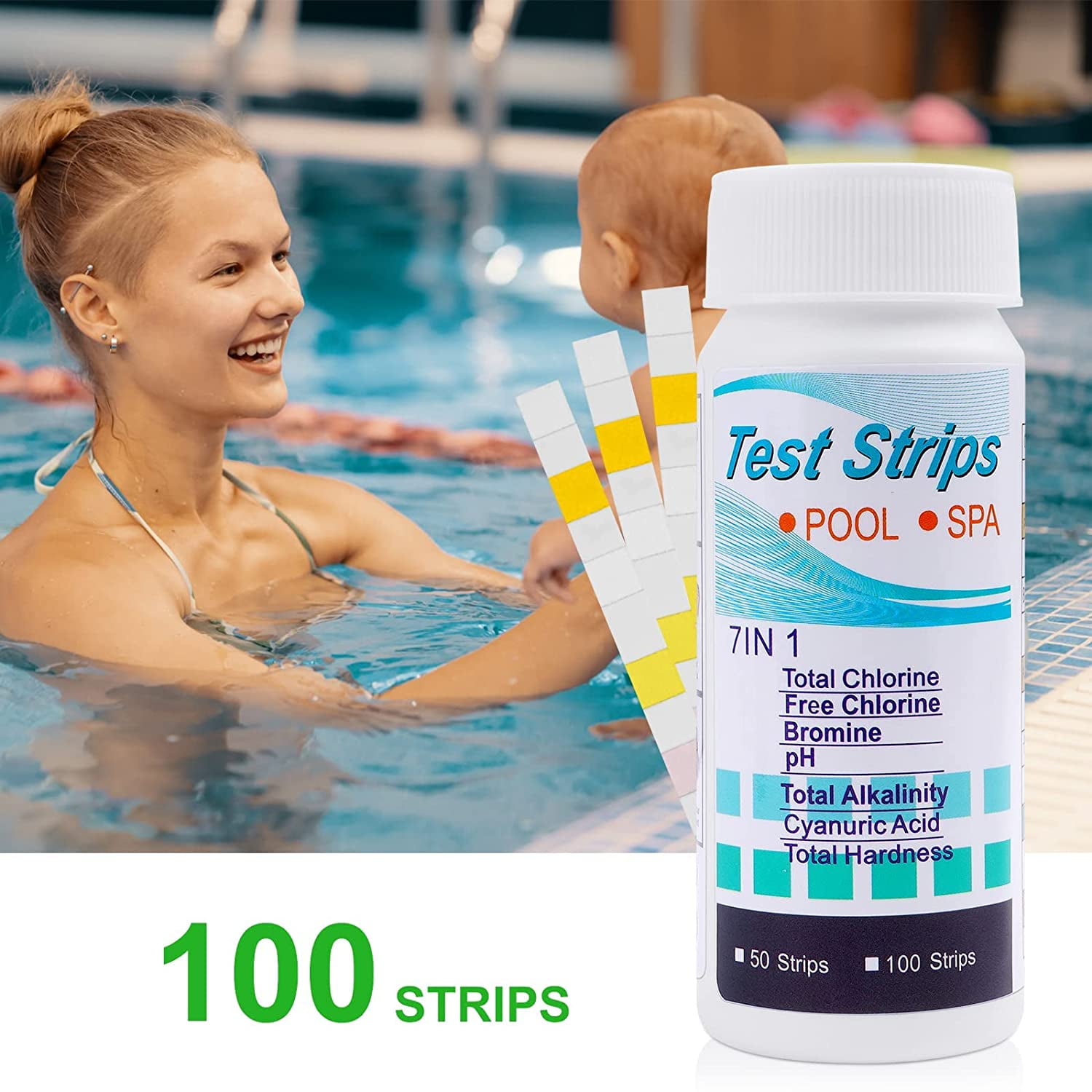 Premium Pool and Spa Test Strips, 7 in 1 Accurate Testing Strip for Pool + Hot Tub, Chlorine