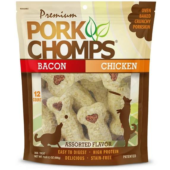 Pork Chomps Premium Dog Treats, Crunchy, Bacon and Chicken Flavor, 4 in, 12 ct