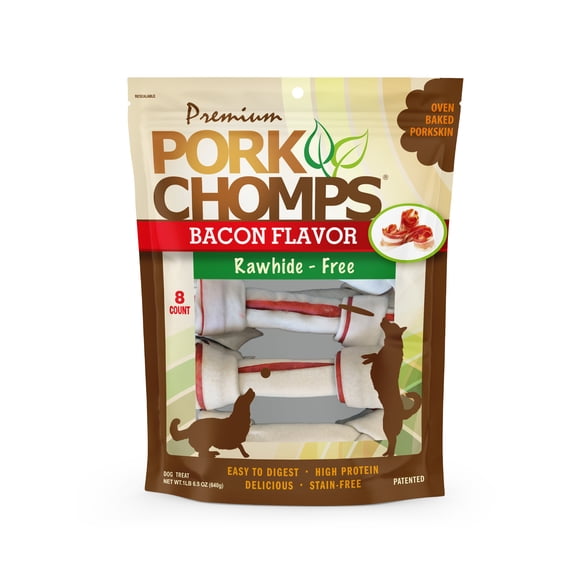 Pork Chomps Premium Rawhide-Free Knotz for Dogs, Bacon Flavor, 7 Inch, 8 Count