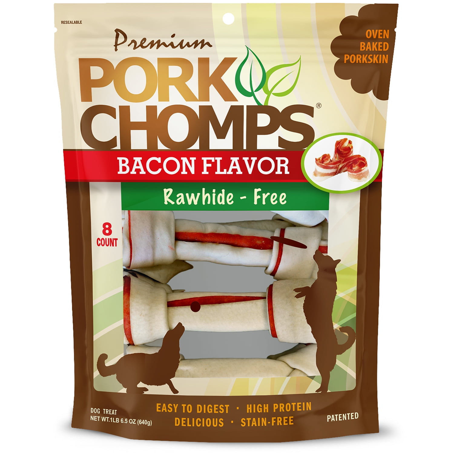 Pork Chomps Premium Rawhide-Free Knotz for Dogs, Bacon Flavor, 7 Inch, 8 Count