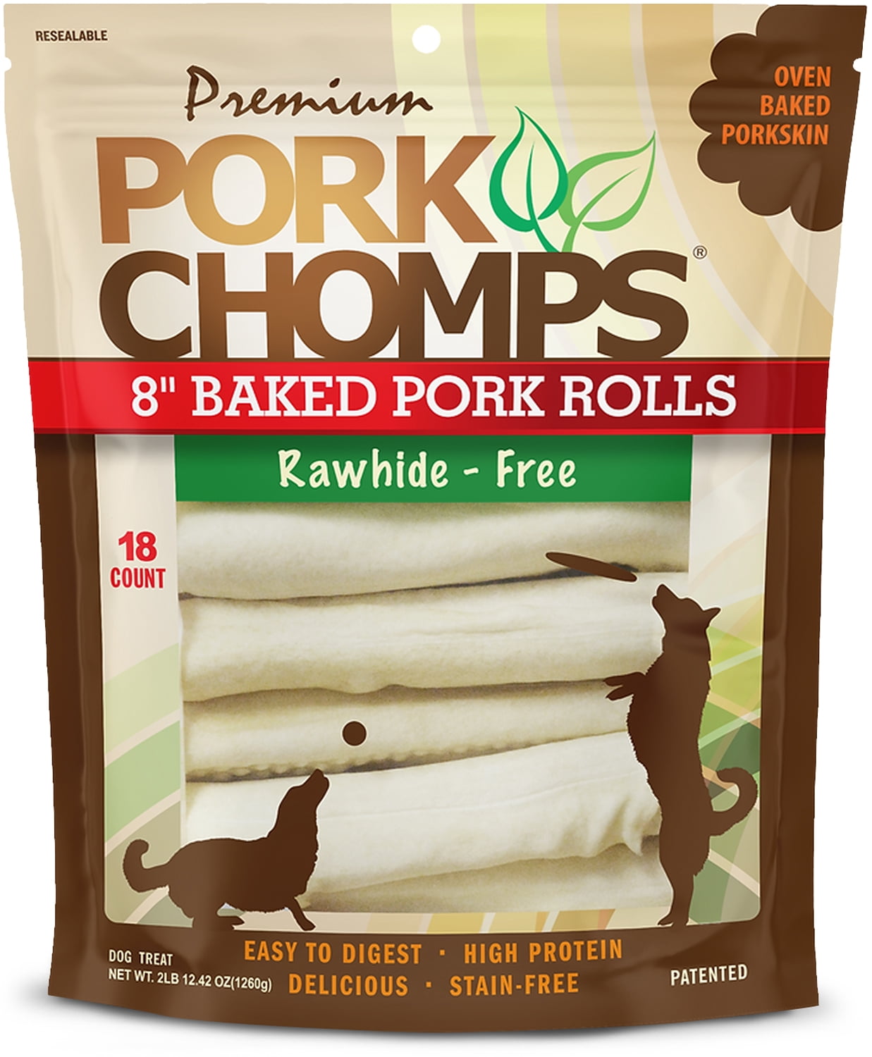 Pork Chomps Premium Rawhide-Free Baked Pork Skin Chew Rolls for Dogs, 8 Inch, 18 Count