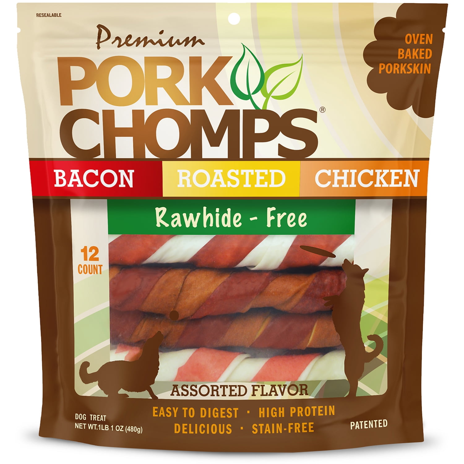 Pork Chomps Premium Rawhide-Free Assorted Flavors Twists for Dogs, 6 Inch, 12 Count