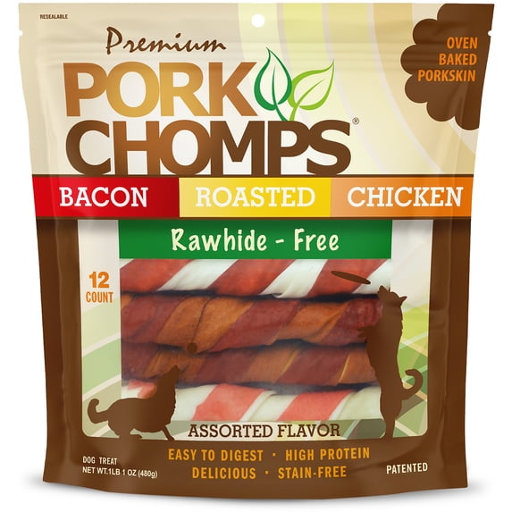Pork Chomps Premium Assorted Flavors Rawhide-Free Twists for Dogs, 6 inch, 12 Count