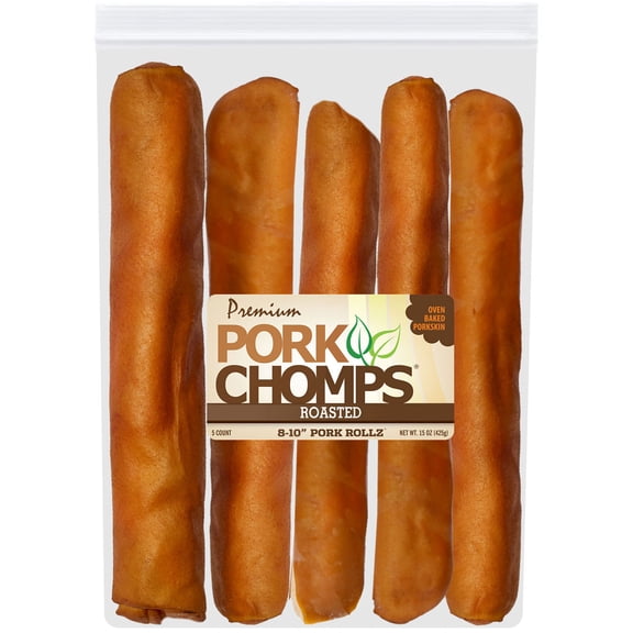 Pork Chomps 8-10 Inch Premium Roasted Pork Skin Rolls, 5 Count, Rawhide-Free Dog Chews