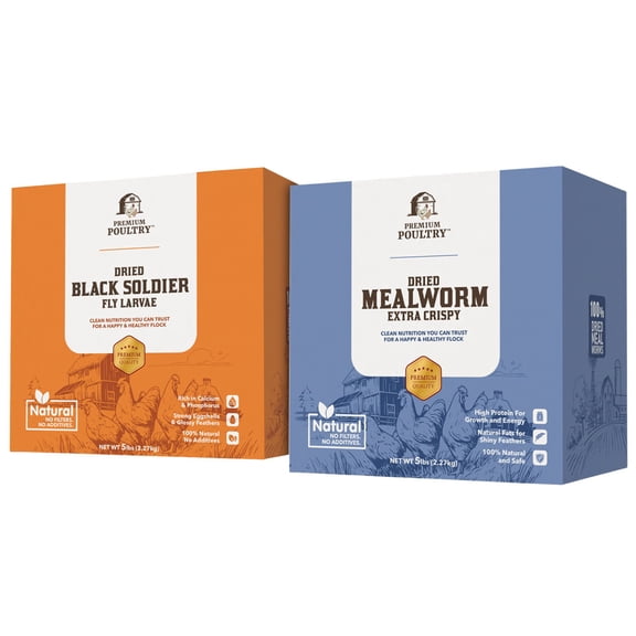 Premium Poultry 5 lb Mealworms and 5 lb Black Soldier Fly Dried Chicken Feed, 2 Bags