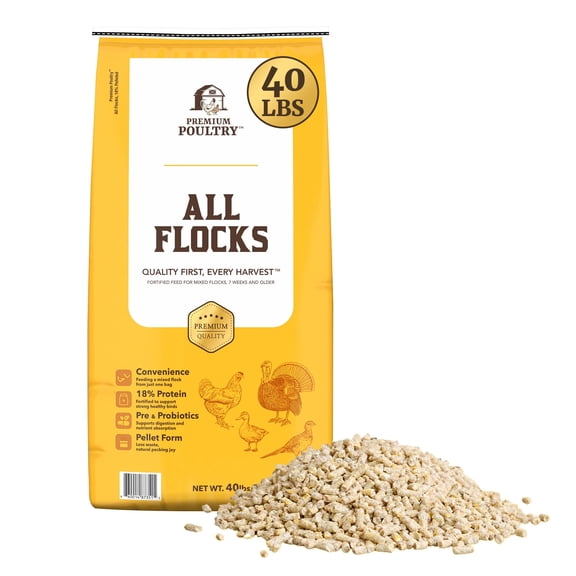 All Flock Poultry Feed Pellets, 18% Protein Chicken Feed Made in USA for Mixed Flock –Chicken, Ducks, Geese, Turkeys & Game Birds, Probiotics for Digestion, 40 lbs