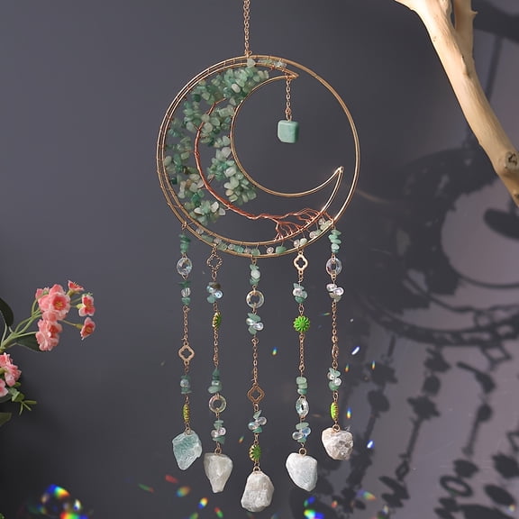 [Premium Powder] Natural Rose Quartz Sun Catcher | Moon Tree Handmade Craft, Multicolored Stones, Creative Gift